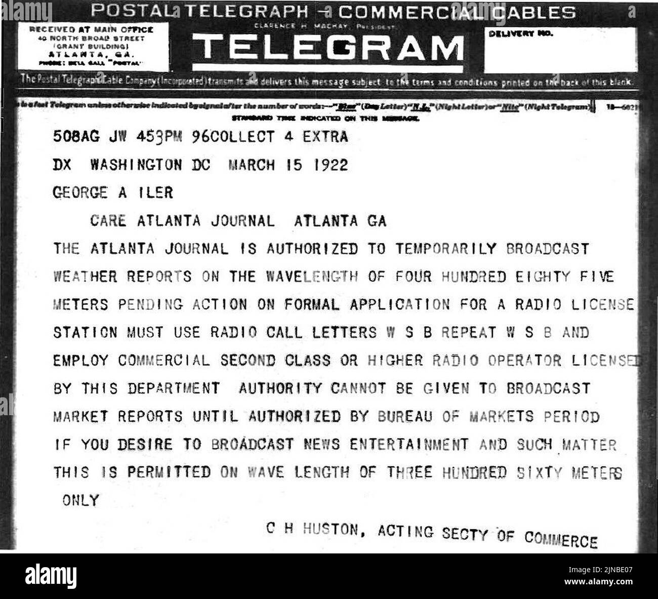 Telegram sent 15 March 1922 by the U. S. Department of Commerce authorizing WSB radio Stock Photo