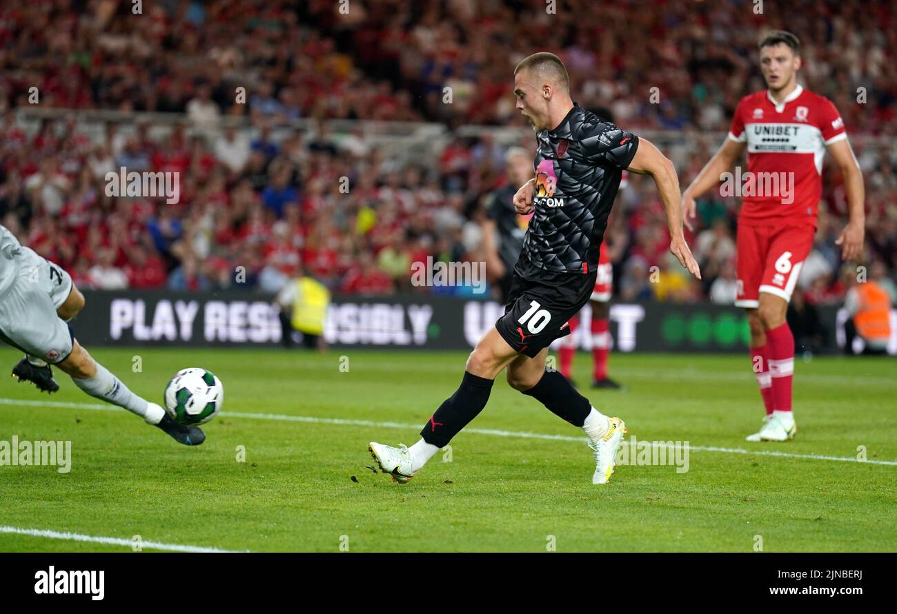 Barnsley's Josh Benson scores their side's first goal of the game during the Carabao Cup, first round match at the Riverside Stadium, Middlesbrough. Picture date: Wednesday August 10, 2022. Stock Photo
