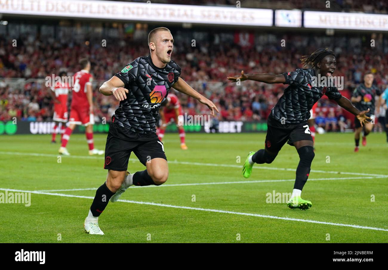 Barnsley's Josh Benson celebrates scoring their side's first goal of the game during the Carabao Cup, first round match at the Riverside Stadium, Middlesbrough. Picture date: Wednesday August 10, 2022. Stock Photo
