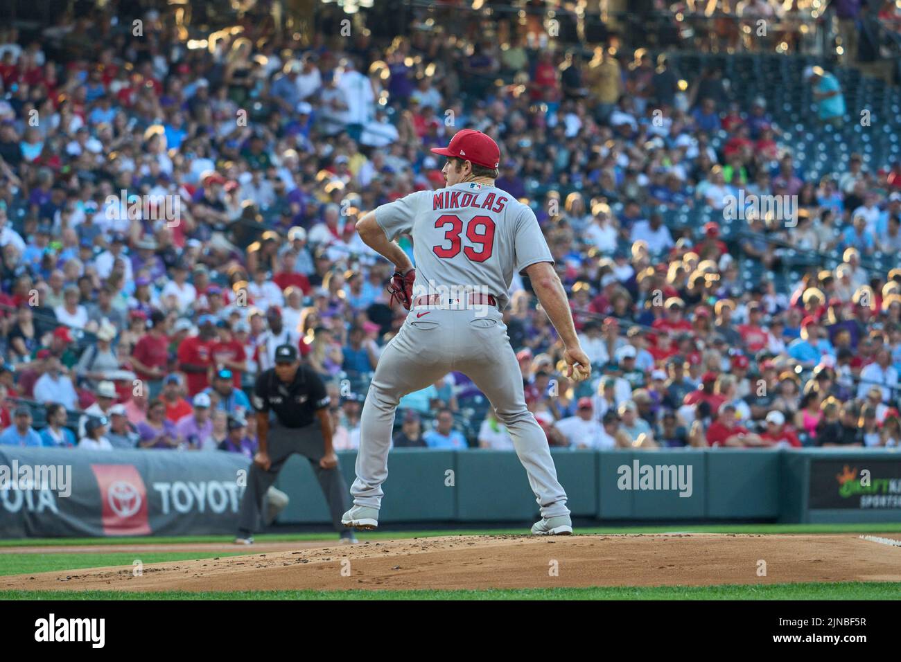 August 9 2022: Saint Louis pitcher Miles Mikolas (39) throws a pitch during the game with Saint Louis Cardinals and Colorado Rockies held at Coors Field in Denver Co. David Seelig/Cal Sport Medi Stock Photo