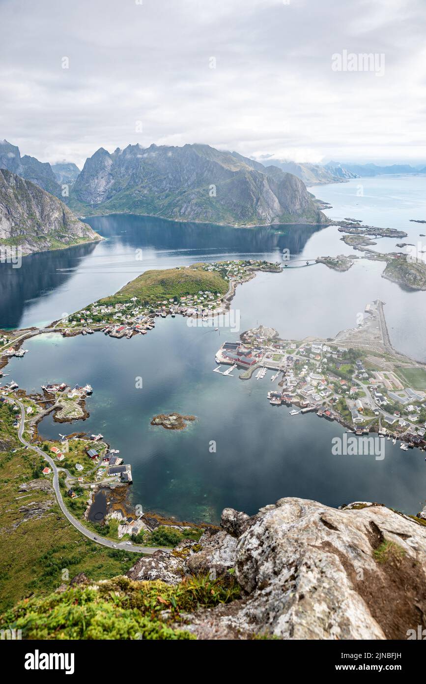 Reine and Hamnoy villages seen from Reinebringen mountain, Lofoten Islands, Norway Stock Photo