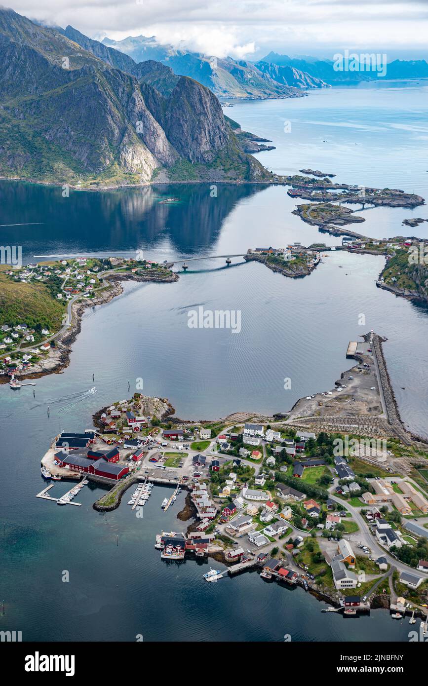 Reine and Hamnoy villages seen from Reinebringen mountain, Lofoten Islands, Norway Stock Photo