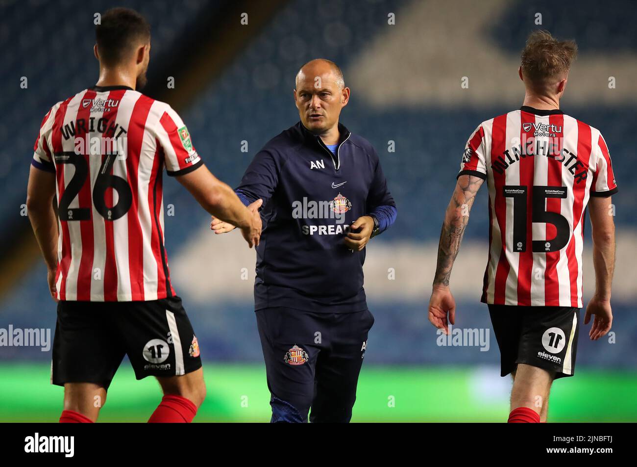 Sunderland's Bailey Wright greets manager Alex Neil following the Carabao Cup, first round match at Hillsborough, Sheffield. Picture date: Wednesday August 10, 2022. Stock Photo