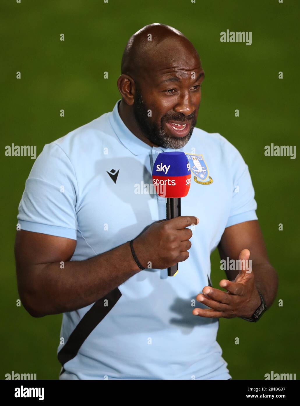 Sheffield Wednesday manager Darren Moore interviewed by media following the Carabao Cup, first round match at Hillsborough, Sheffield. Picture date: Wednesday August 10, 2022. Stock Photo