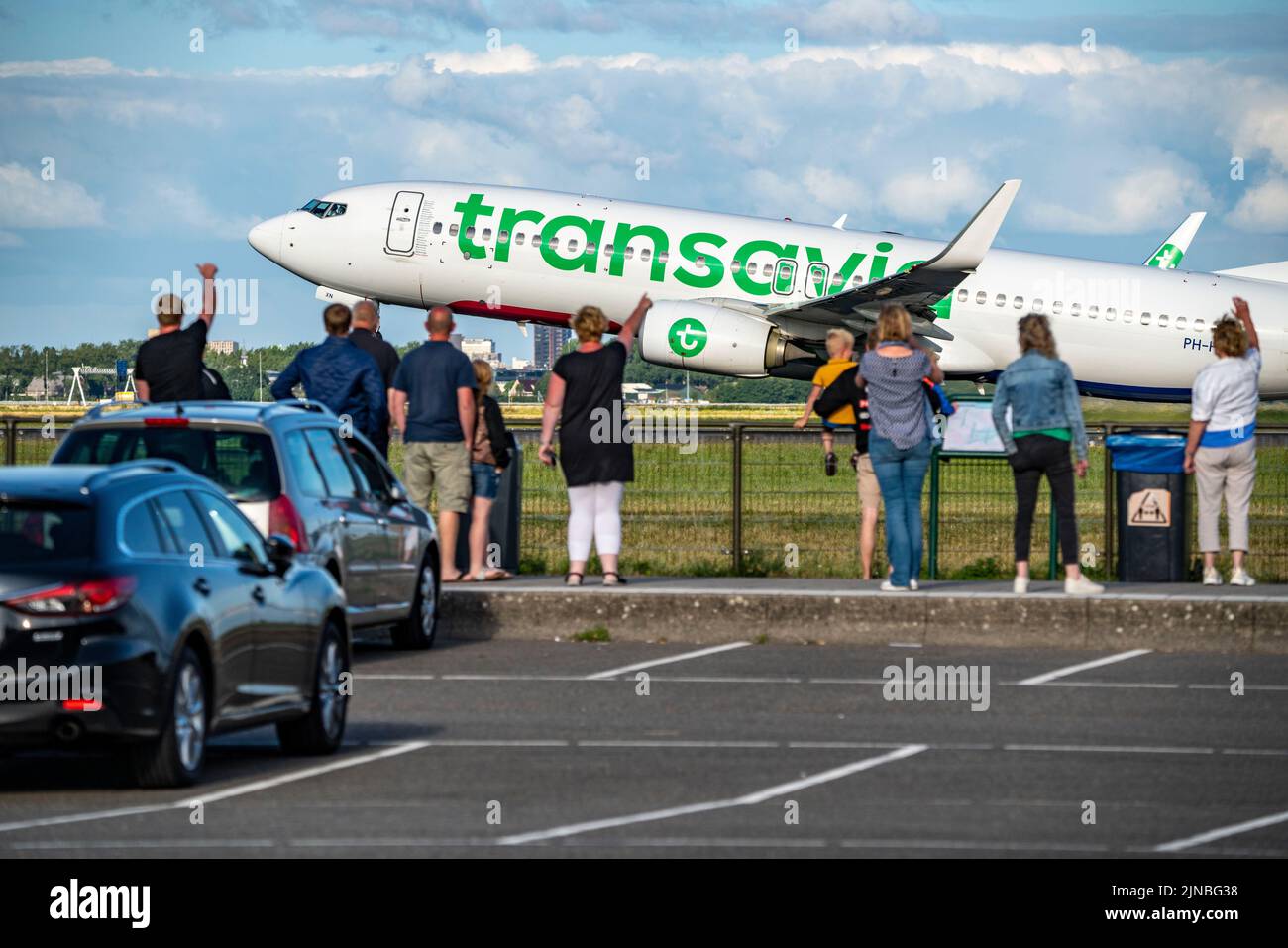 Amsterdam Shiphol Airport, Polderbaan, one of 6 runways, spotter spot, see planes up close, PH-HXN, Transavia Boeing 737-800 Stock Photo