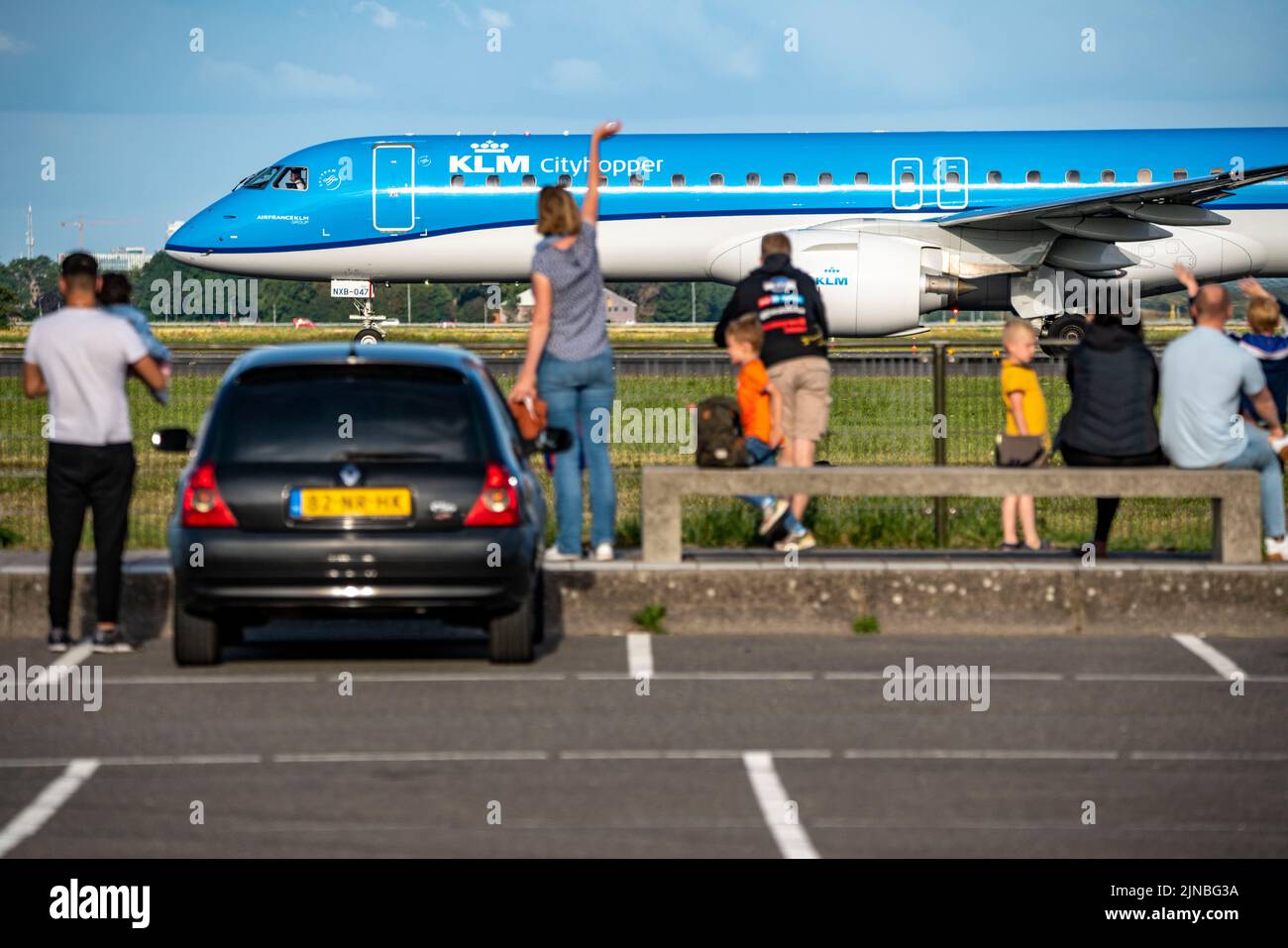 Amsterdam Shiphol Airport, Polderbaan, one of 6 runways, spotter spot, see planes up close, KLM plane, Stock Photo