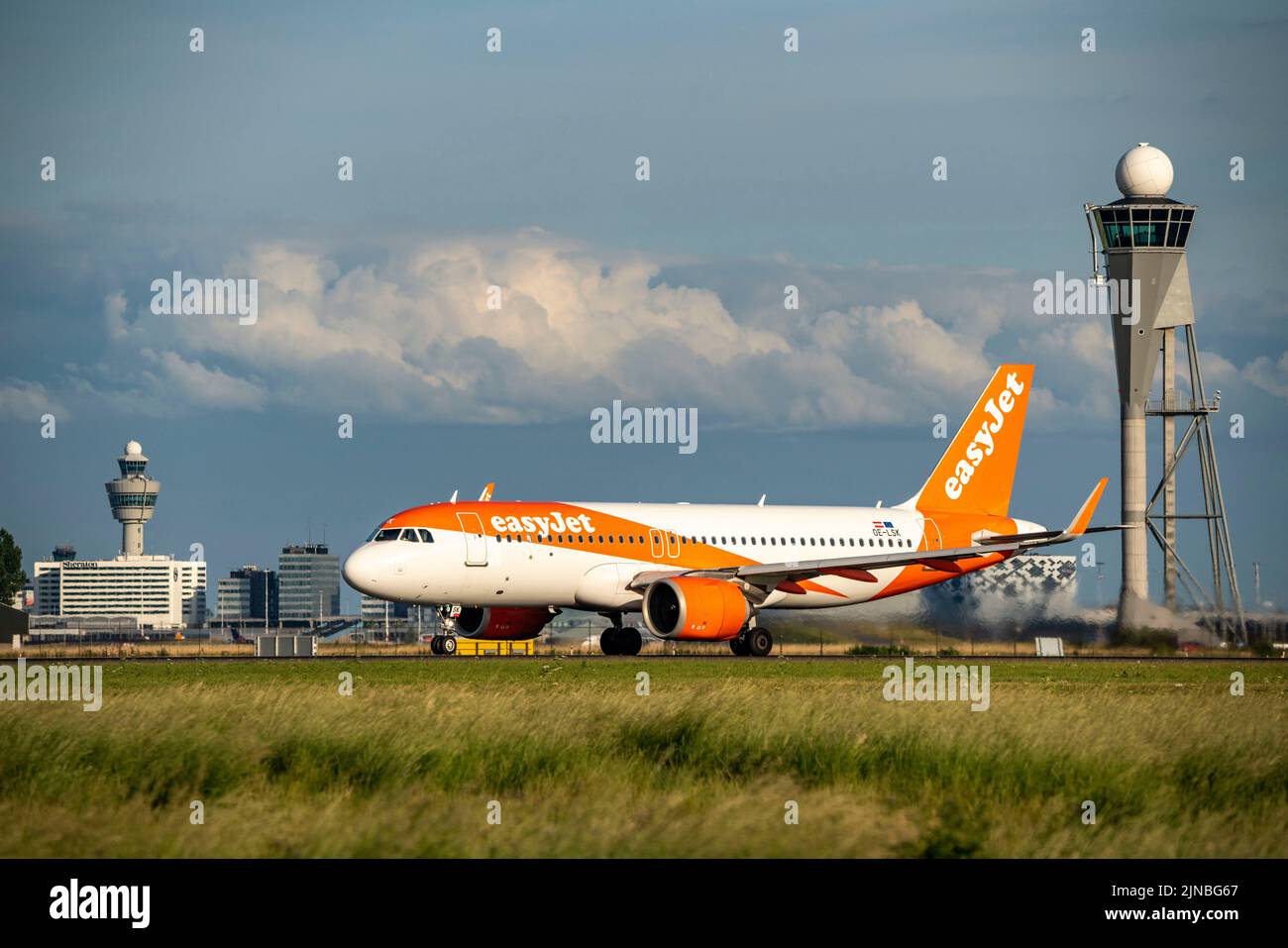 Amsterdam Shiphol Airport, Polderbaan, one of 6 runways, Tower Air Traffic Control, OE-LSK, easyJet Europe Airbus A320neo Stock Photo