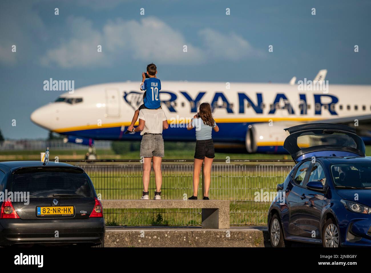 Amsterdam Shiphol Airport, Polderbaan, one of 6 runways, spotter spot, see planes up close, Ryanair, Stock Photo