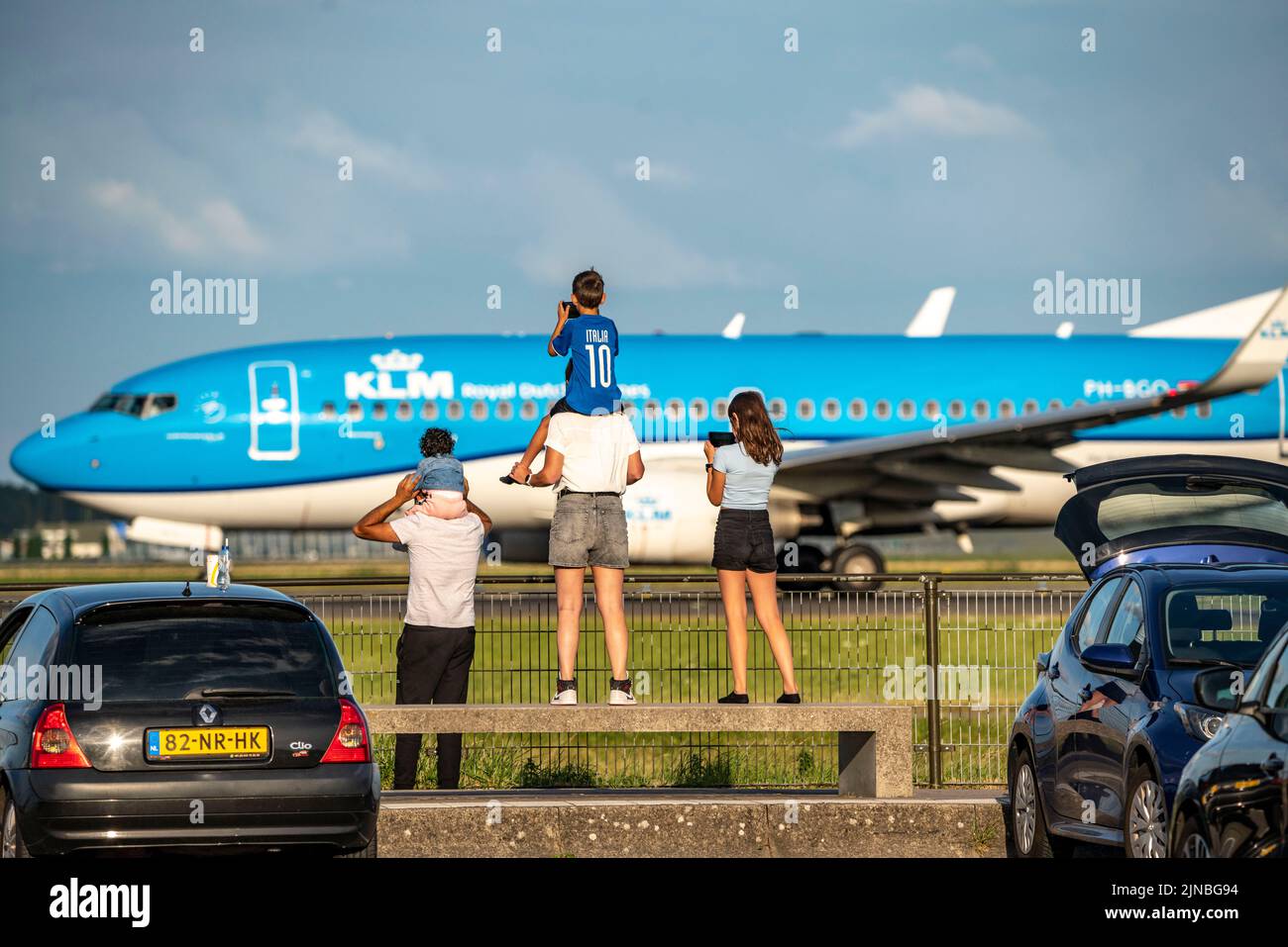 Amsterdam Shiphol Airport, Polderbaan, one of 6 runways, spotter spot, see planes up close, KLM, Stock Photo