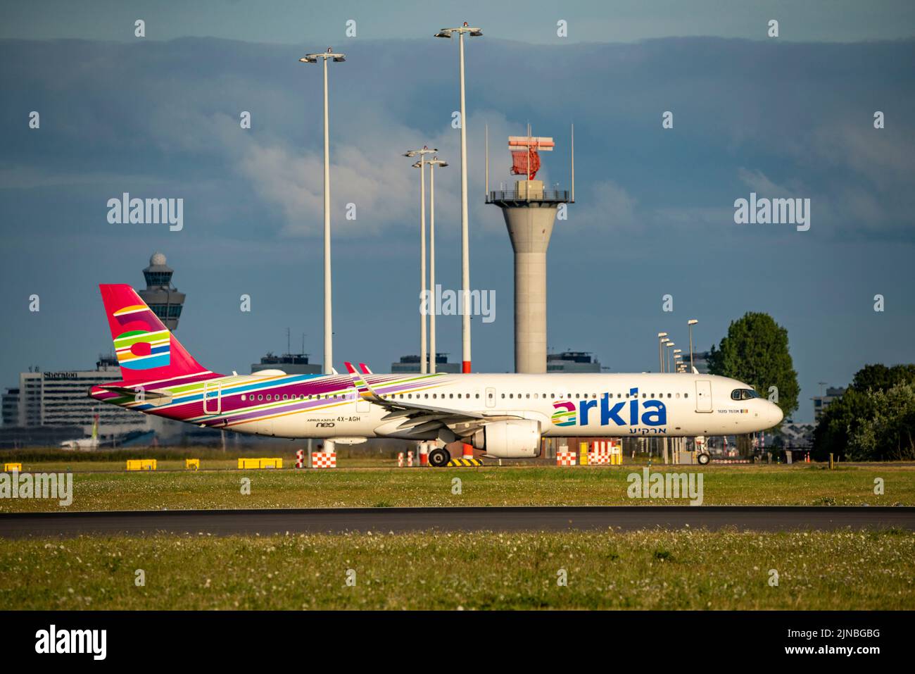 Amsterdam Shiphol Airport, Polderbaan, one of 6 runways, tower air traffic control, on taxiway to take-off, 4X-AGH Arkia, Israeli Airlines Airbus A321 Stock Photo