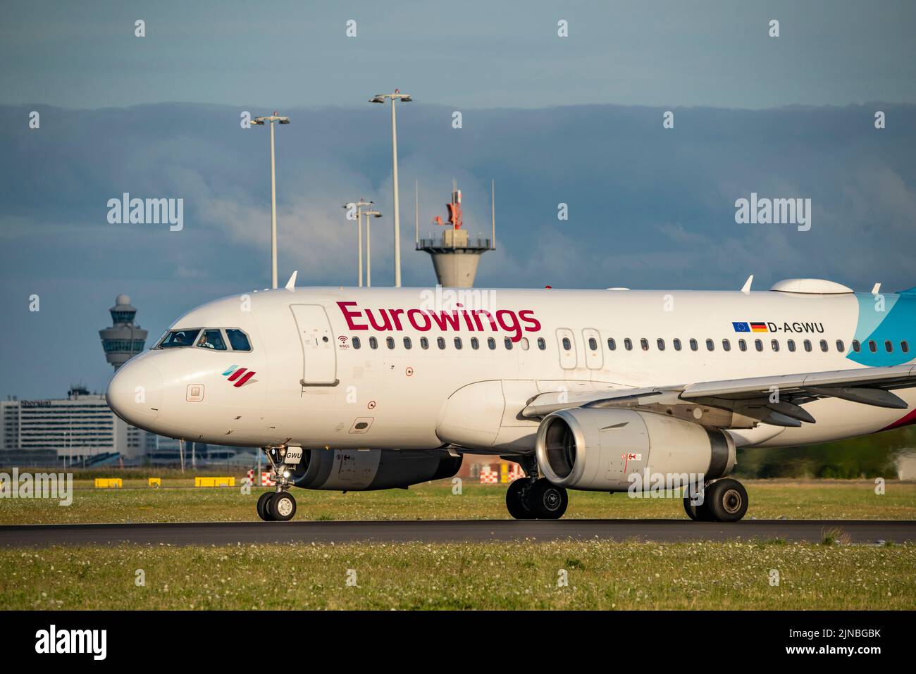 Amsterdam Shiphol Airport, Polderbaan, one of 6 runways, on taxiway for take-off, D-AGWU, Eurowings Airbus A319-100 Stock Photo