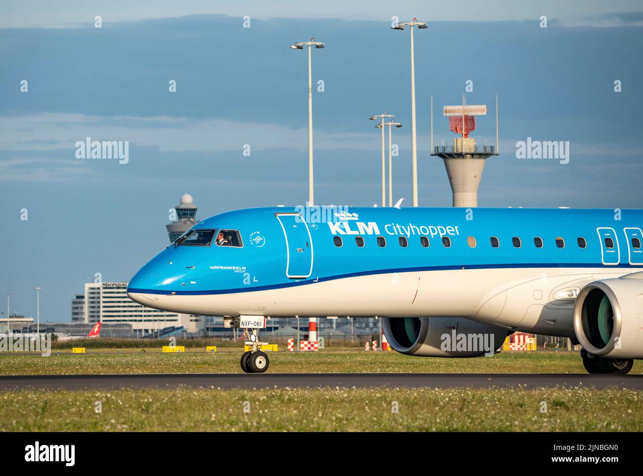 Amsterdam Shiphol Airport, Polderbaan, one of 6 runways, tower air traffic control, on the taxiway to take-off, KLM Cityhopper, Stock Photo