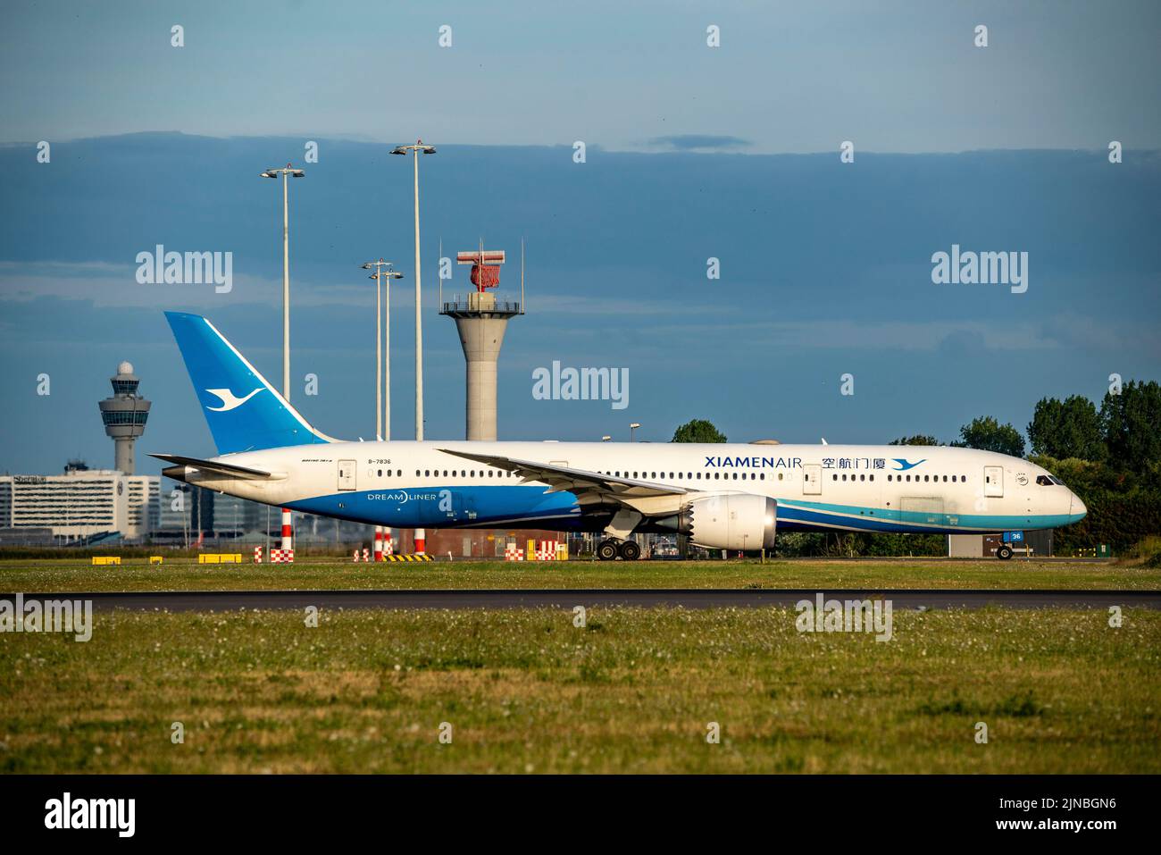 Amsterdam Shiphol Airport, Polderbaan, one of 6 runways, tower air traffic control, on taxiway to take-off, B-7836, Xiamen Airlines Boeing 787-9 Dream Stock Photo