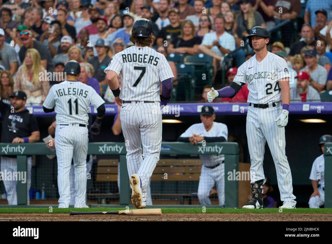 August 9 2022: Colorado second baseman Brendan Rodgers (7) runs home and scores a run during the game with Saint Louis Cardinals and Colorado Rockies held at Coors Field in Denver Co. David Seelig/Cal Sport Medi Stock Photo