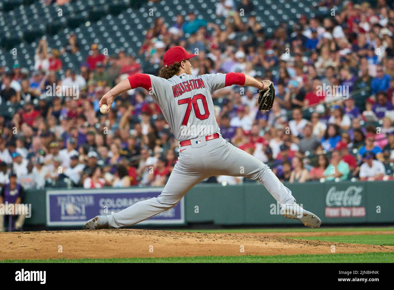 August 9 2022: Saint Louis pitcher Packy Naughton(70) throws a pitch during the game with Saint Louis Cardinals and Colorado Rockies held at Coors Field in Denver Co. David Seelig/Cal Sport Medi Stock Photo