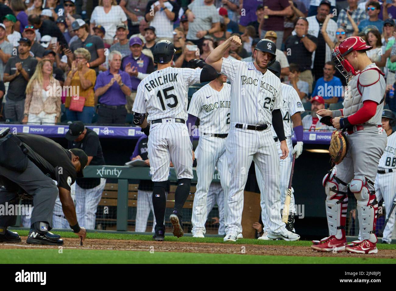 August 9 2022: Colorado center fielder Randall Grichuk (15) hits a homer one of his five hits during the game with Saint Louis Cardinals and Colorado Rockies held at Coors Field in Denver Co. David Seelig/Cal Sport Medi Stock Photo