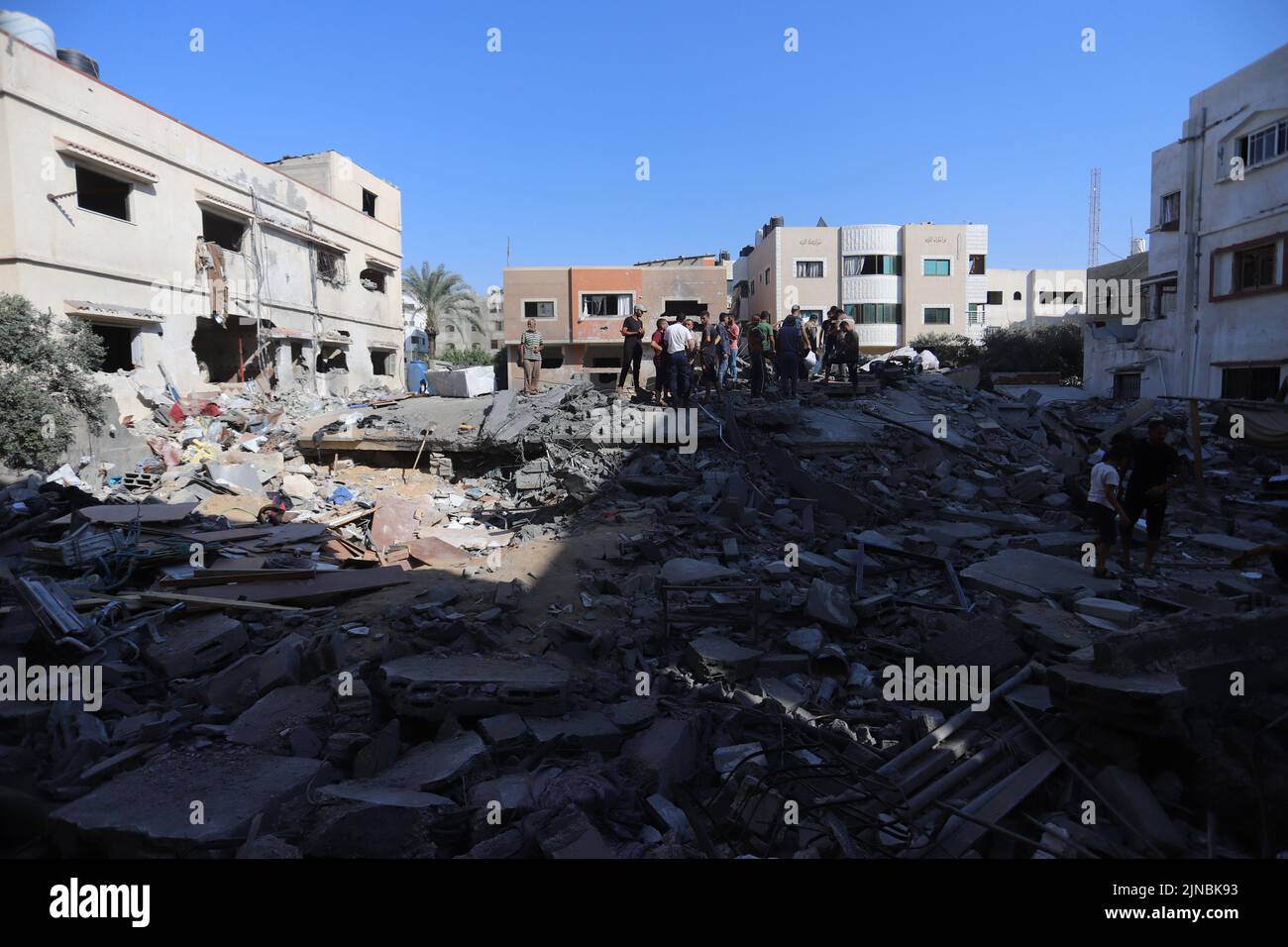 The effects of the destruction that occurred in the Shamlakh family home after the Israeli warplanes targeted it with missiles Stock Photo
