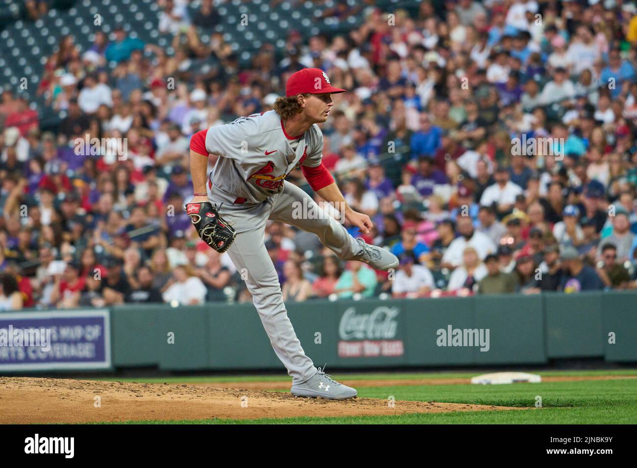 August 9 2022: Saint Louis pitcher Packy Naughton(70) throws a pitch during the game with Saint Louis Cardinals and Colorado Rockies held at Coors Field in Denver Co. David Seelig/Cal Sport Medi Stock Photo