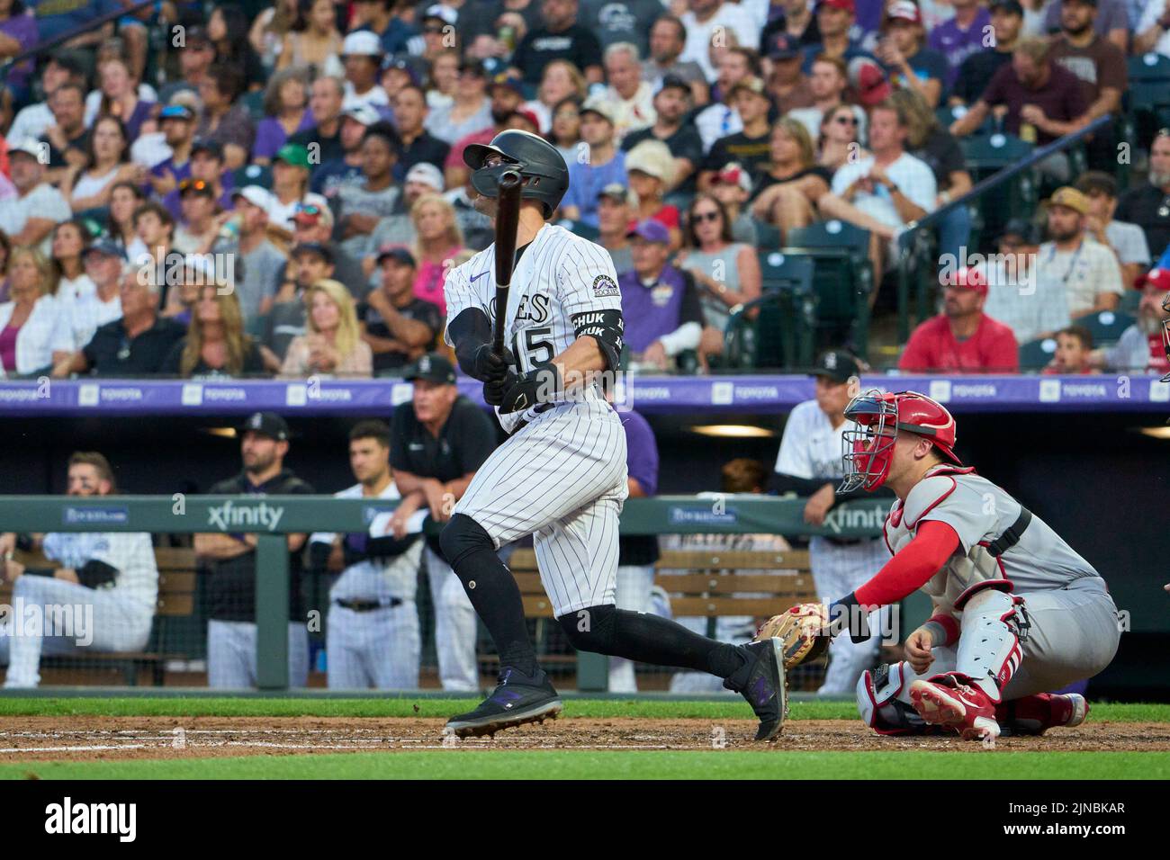 2August 9 2022: Colorado center fielder Randall Grichuk (15) hits a homer one of his five hits during the game with Saint Louis Cardinals and Colorado Rockies held at Coors Field in Denver Co. David Seelig/Cal Sport Medi Stock Photo