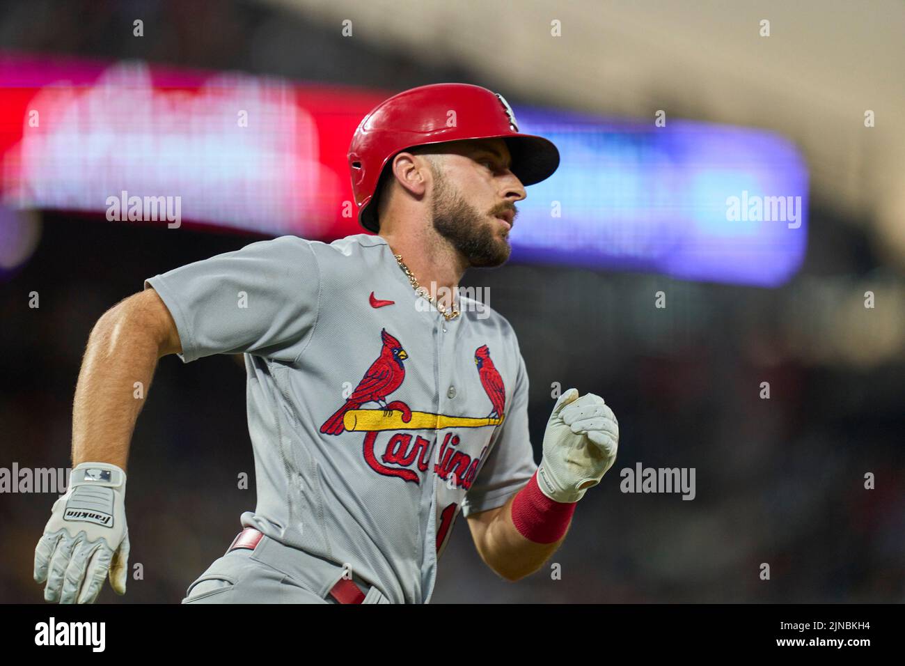 August 9 2022: Saint Louis shortstop Paul DeJong (11) rounds third during the game with Saint Louis Cardinals and Colorado Rockies held at Coors Field in Denver Co. David Seelig/Cal Sport Medi Stock Photo