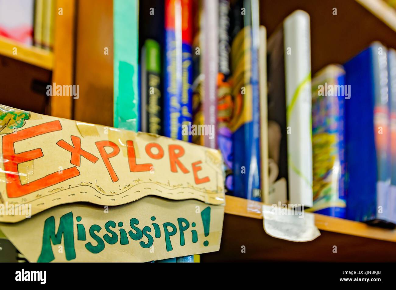 Books by Mississippi authors fill the shelves at Square Books, May 31, 2015, in Oxford, Mississippi. The family-owned bookstore was founded in 1979. Stock Photo