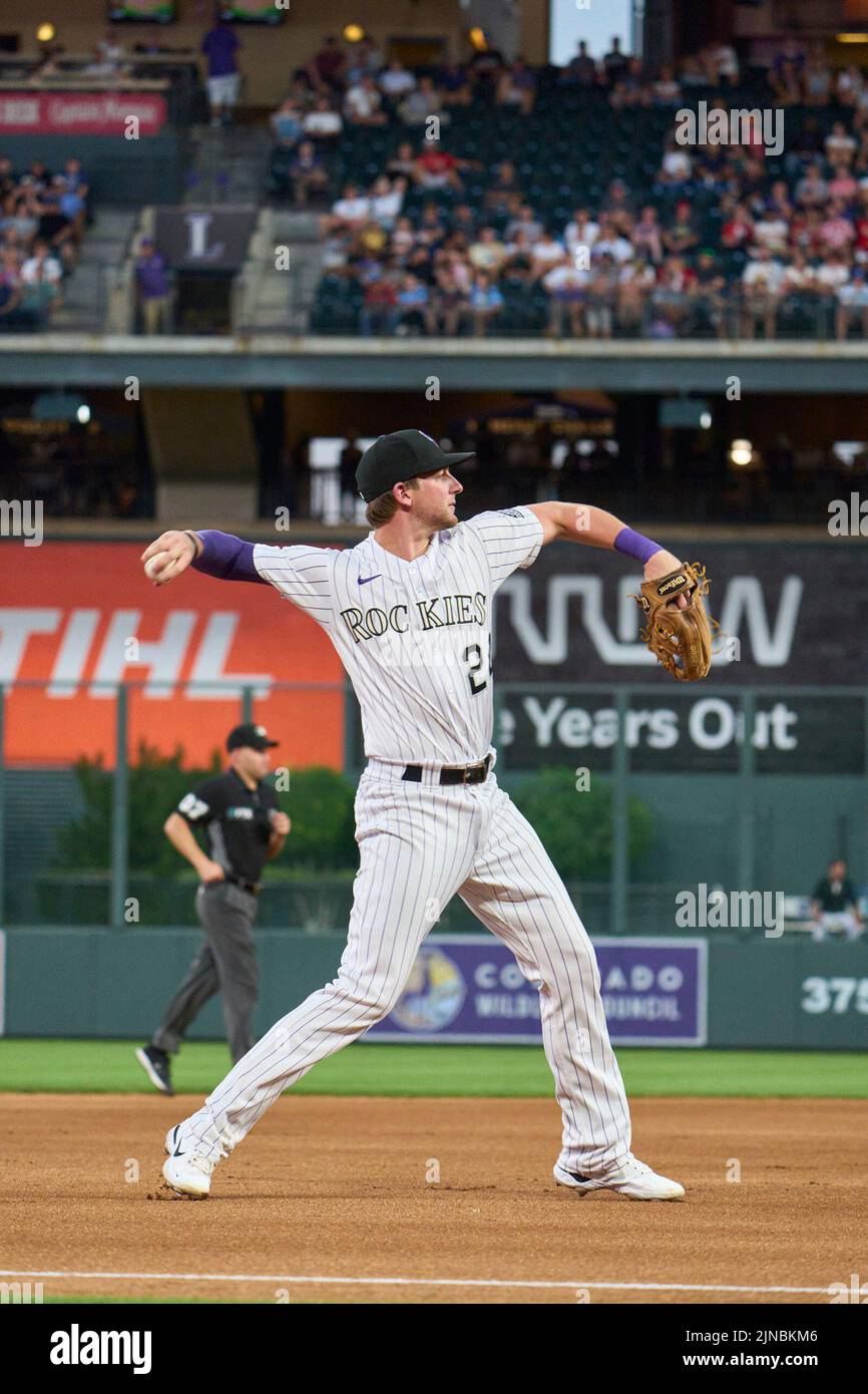 August 9 2022: Colorado third baseman Ryan McMahon (24) makes a play during the game with Saint Louis Cardinals and Colorado Rockies held at Coors Field in Denver Co. David Seelig/Cal Sport Medi Stock Photo