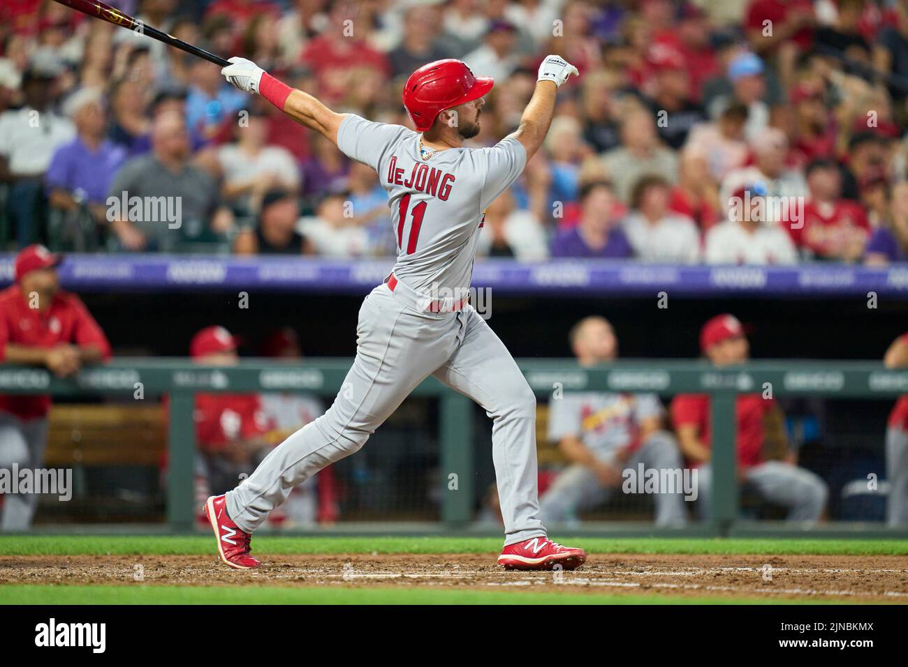 August 9 2022: Saint Louis shortstop Paul DeJong (11) gets a hit during the game with Saint Louis Cardinals and Colorado Rockies held at Coors Field in Denver Co. David Seelig/Cal Sport Medi Stock Photo