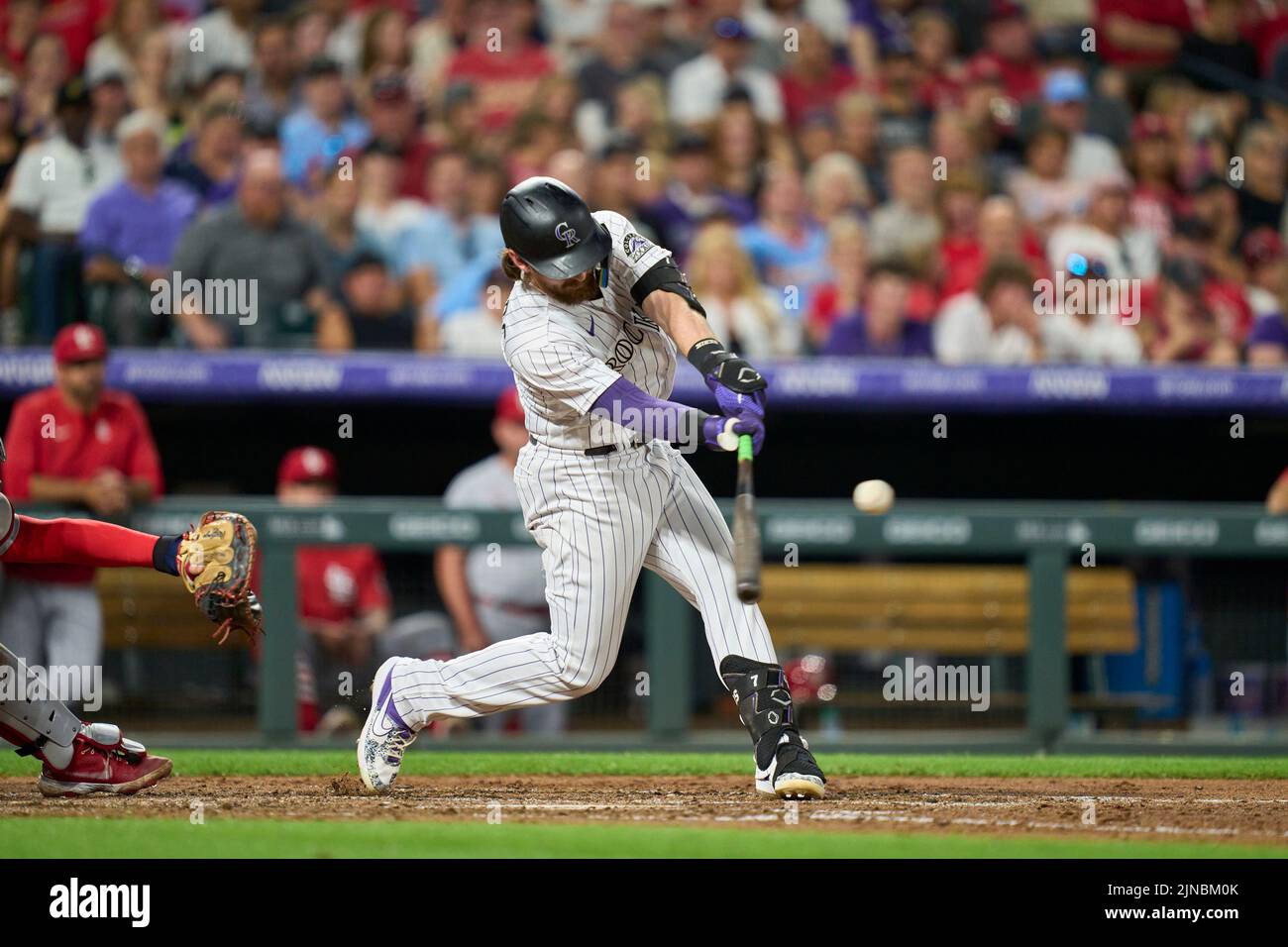 August 9 2022: Colorado second baseman Brendan Rodgers (7) gets his last of four hits during the game with Saint Louis Cardinals and Colorado Rockies held at Coors Field in Denver Co. David Seelig/Cal Sport Medi Stock Photo
