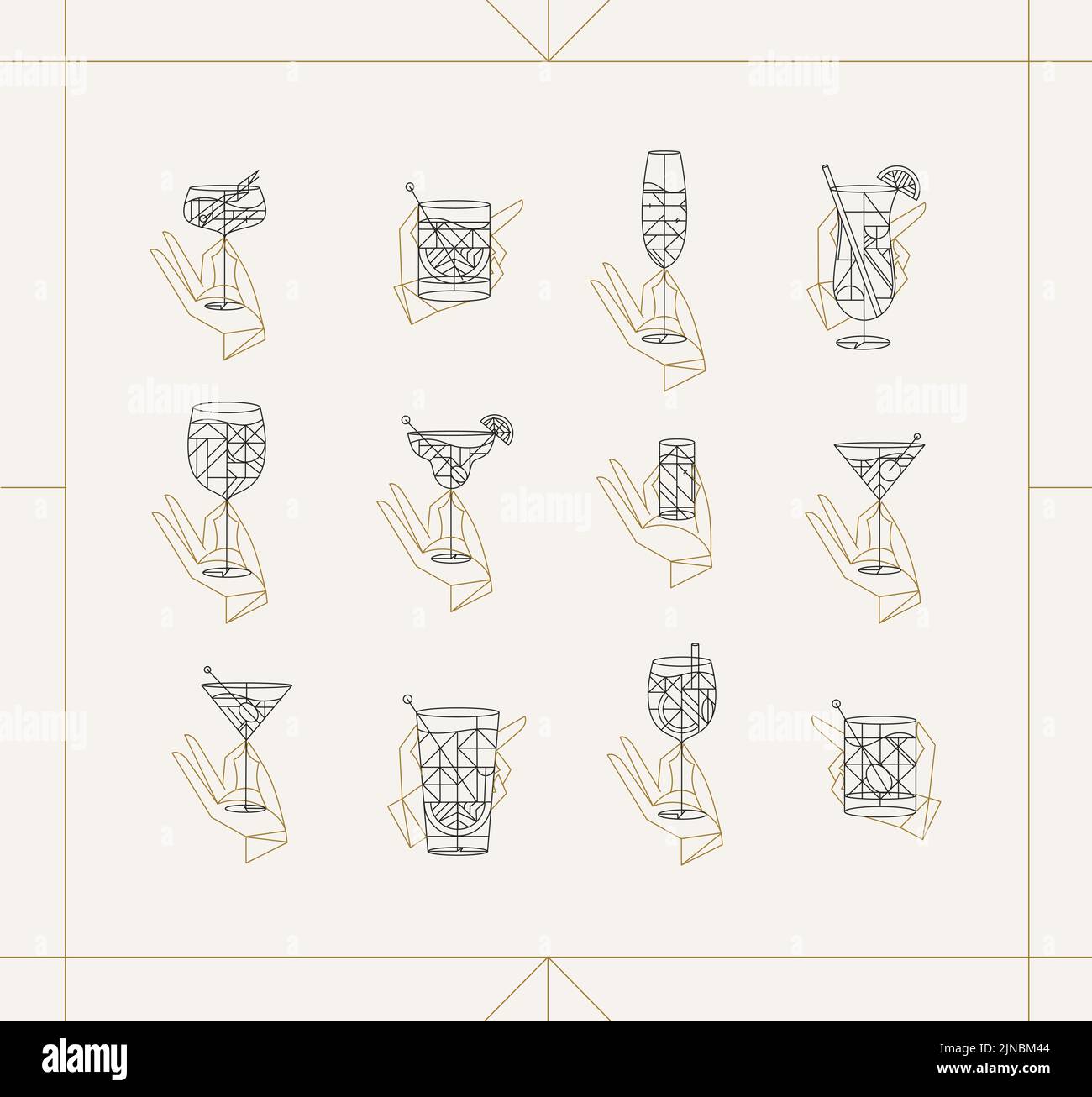 Set of hand holding drink glasses margarita, old fashioned, bloody mary