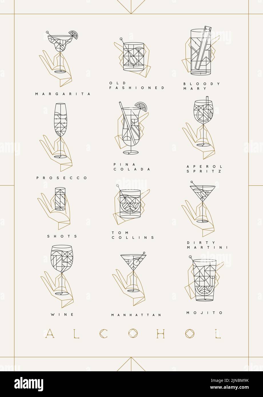 Art deco cocktails poster with glasses and names of the drink. Margarita, old fashioned, bloody mary, prosecco, pina colada, aperol spritz, shot, tom Stock Vector