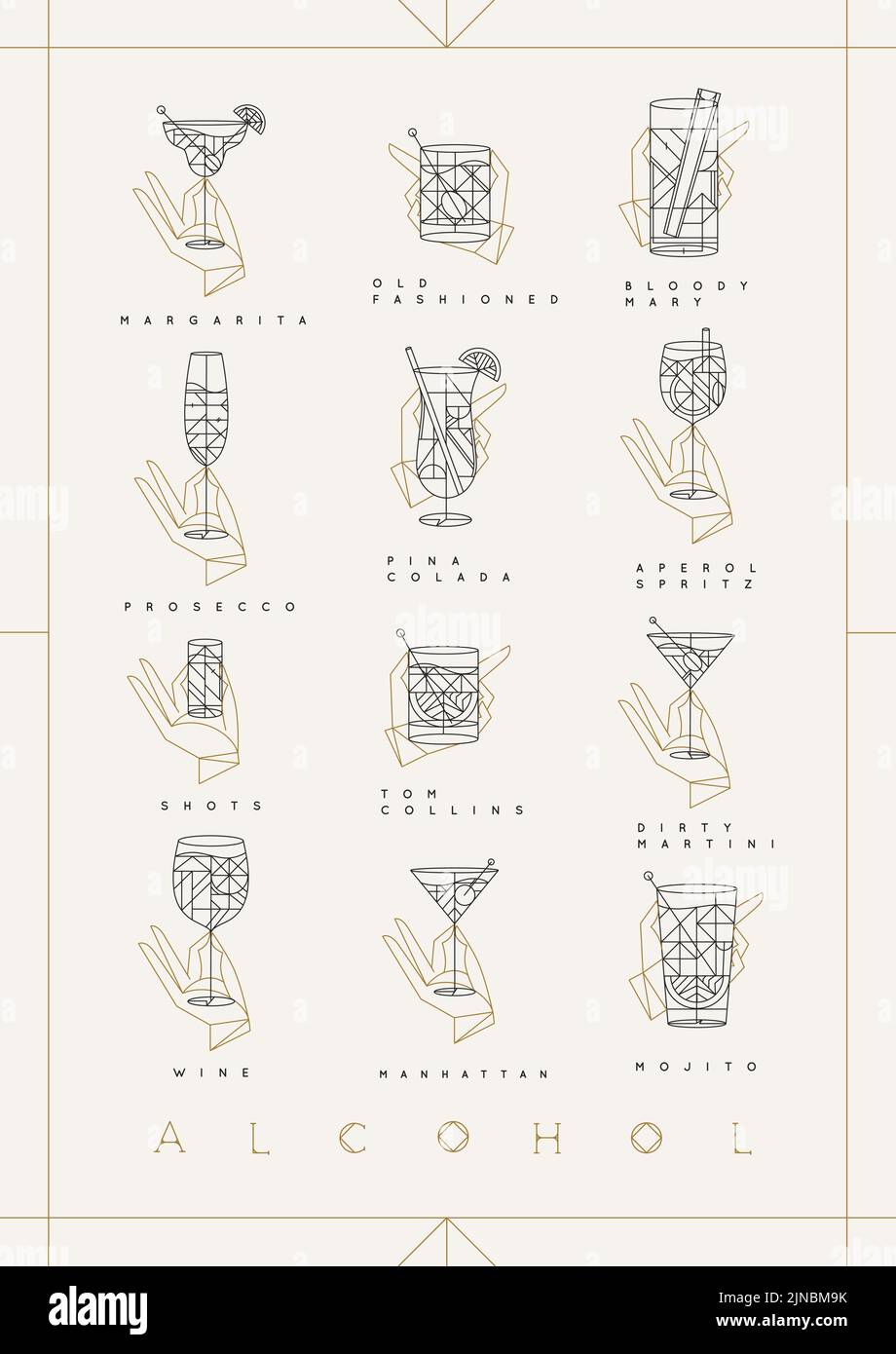 Art deco cocktails poster with glasses and names of the drink