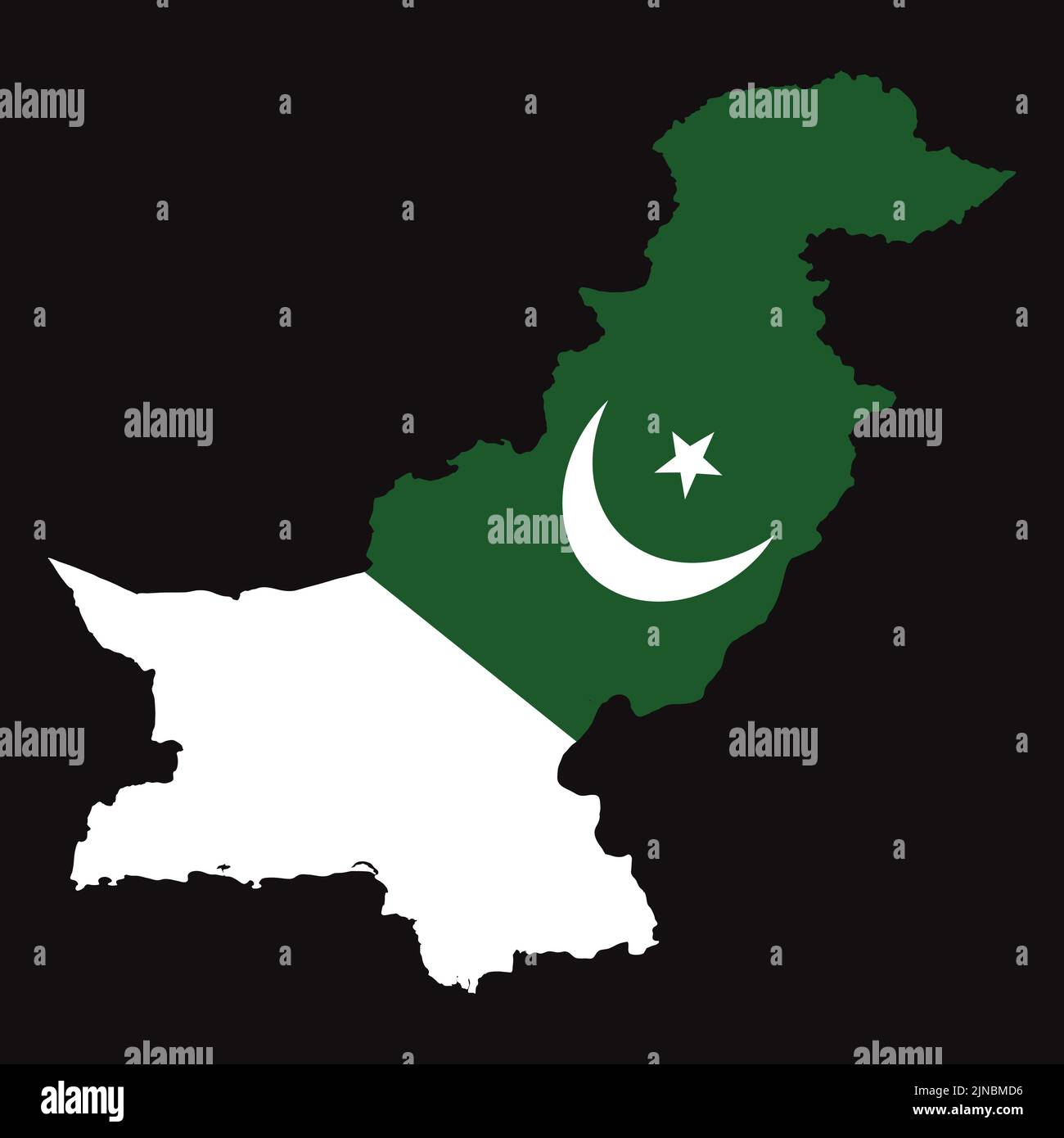 Vector design illustration of the Pakistan map with the crescent and star on it with colors of green and white. all isolated on a black square backgro Stock Vector