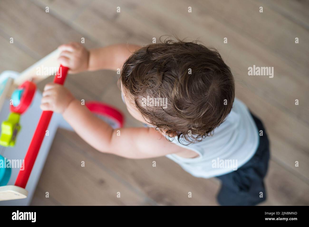 Baby boy, caucasian, one year old, playing and learning with walking toy. Top view, indoor. Stock Photo