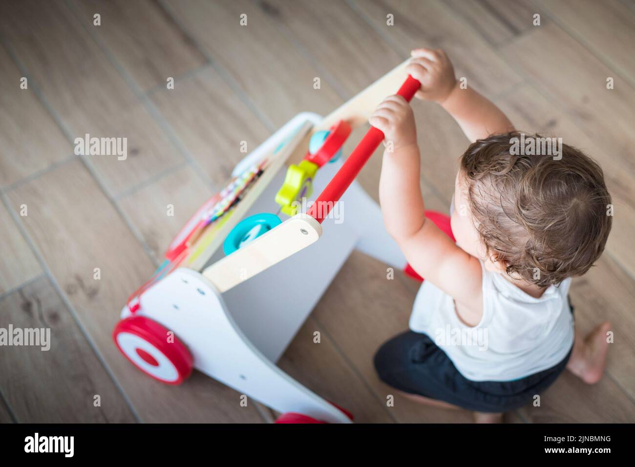 Baby boy, caucasian, one year old, playing and learning with walking toy. Top view, indoor. Stock Photo