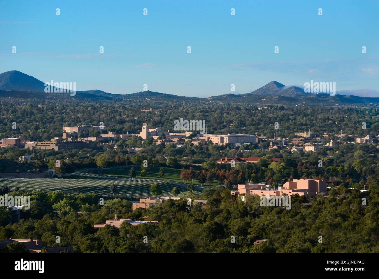 A view of Santa Fe, New Mexico, from the surrounding hills. Stock Photo