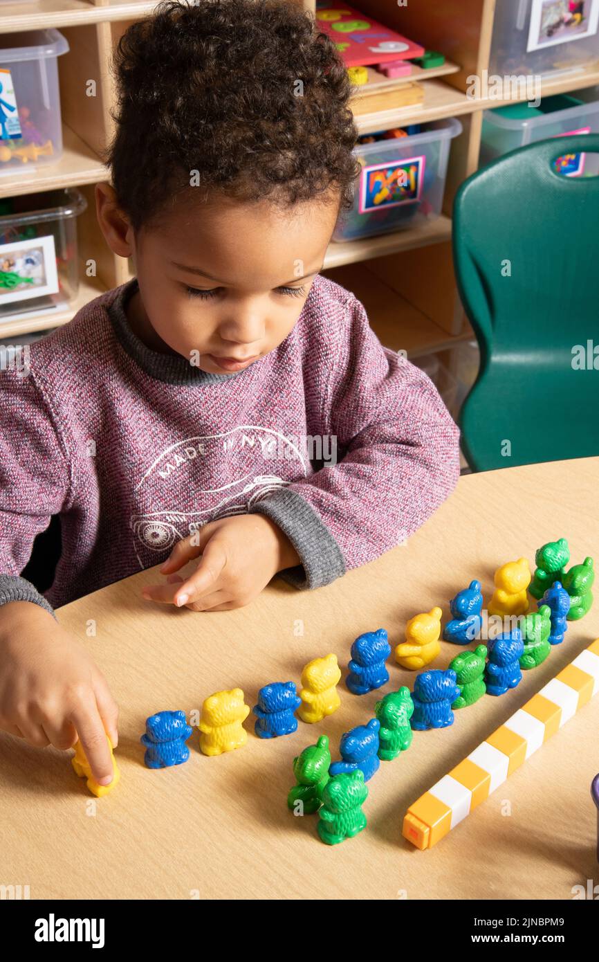 Education preschool 4 year olds  boy sorting colored plastic cubes into a pattern by color, and additionally sorting colored bears into a similar patt Stock Photo