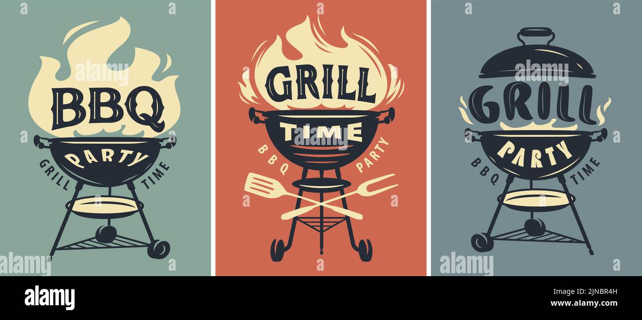 BBQ time, grill party retro poster set. Summer barbecue picnic. Cookout ...