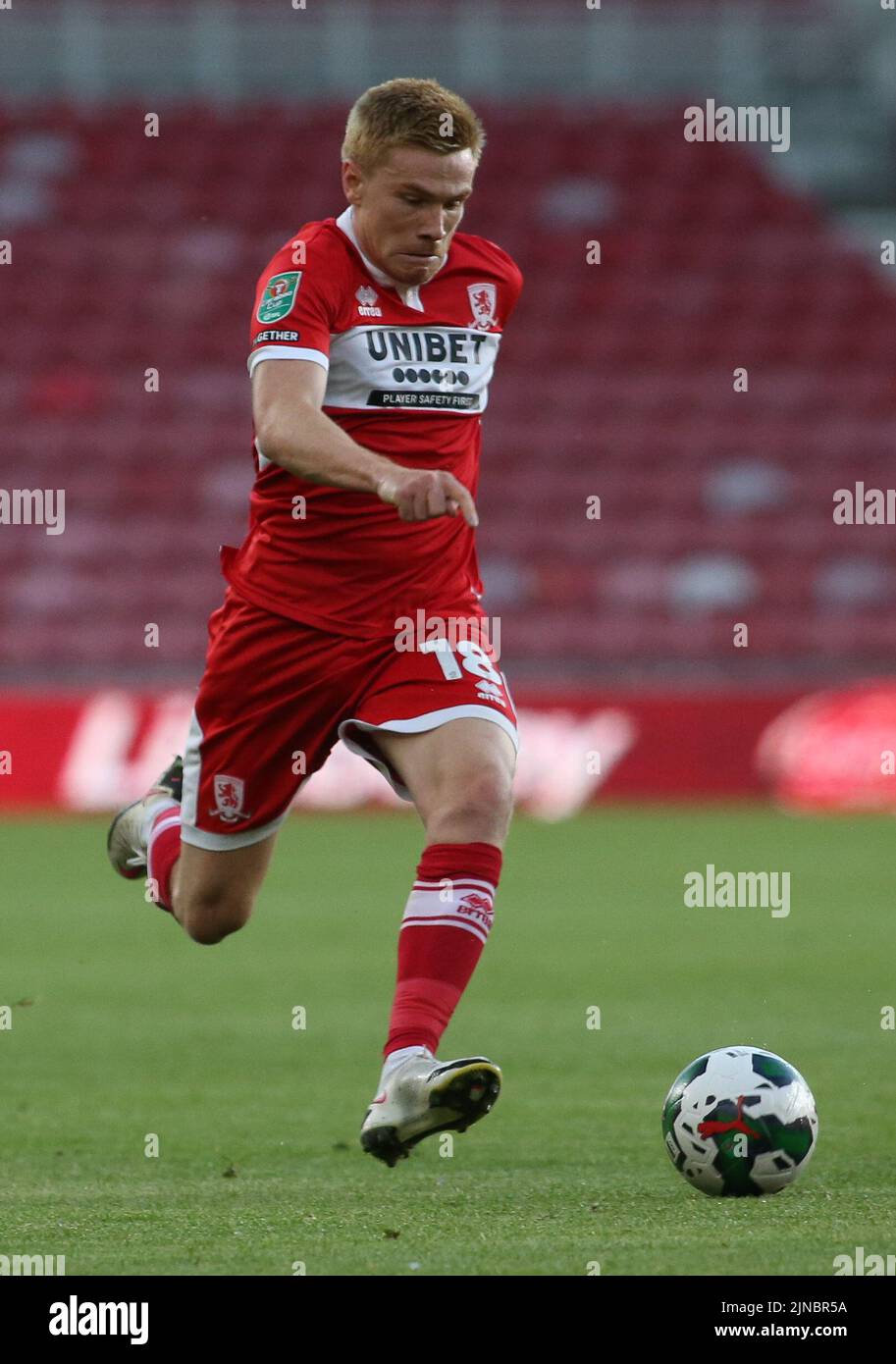 Middlesbrough, UK. 10th August, 2022. Middlesbrough's Duncan Watmore runs with the ball during the Carabao Cup match between Middlesbrough and Barnsley at the Riverside Stadium, Middlesbrough on Wednesday 10th August 2022. (Credit: Michael Driver | MI News) Credit: MI News & Sport /Alamy Live News Stock Photo