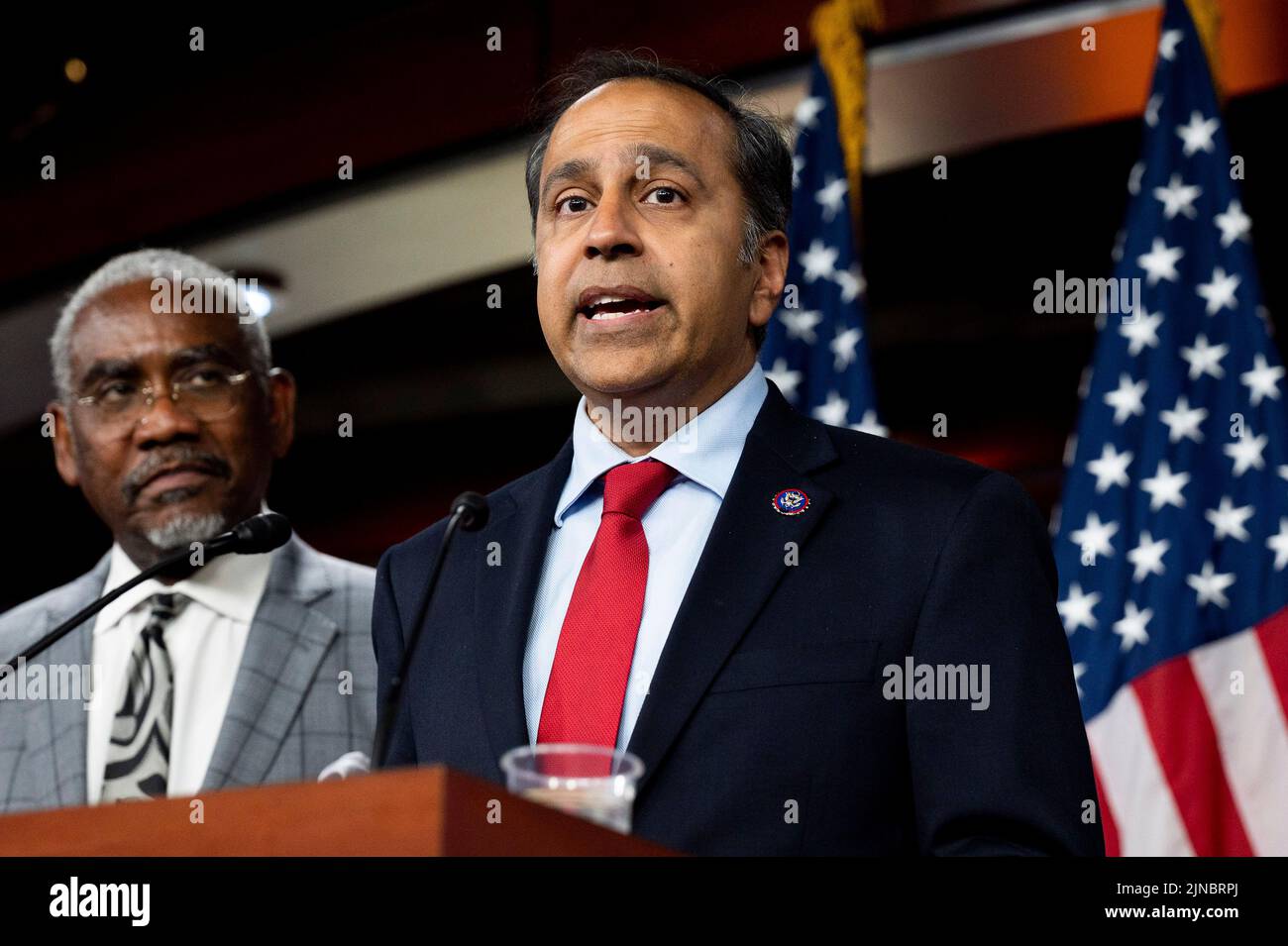 Washington DC, USA. August 10, 2022, Washington, District of Columbia, United States: U.S. Representative RAJA KRISHNAMOORTHI (D-IL) speaking about a recent Congressional Delegation that included the House Speaker and other members of Congress that visited Taiwan and other countries in the area. (Credit Image: © Michael Brochstein/ZUMA Press Wire) Credit: ZUMA Press, Inc./Alamy Live News Stock Photo