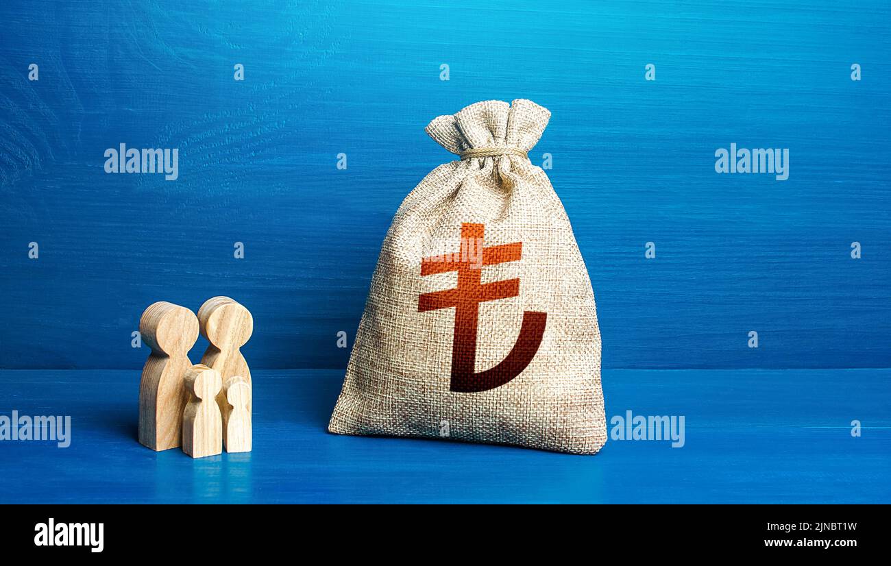 Family figurines and turkish lira money bag. Family budget. Investment