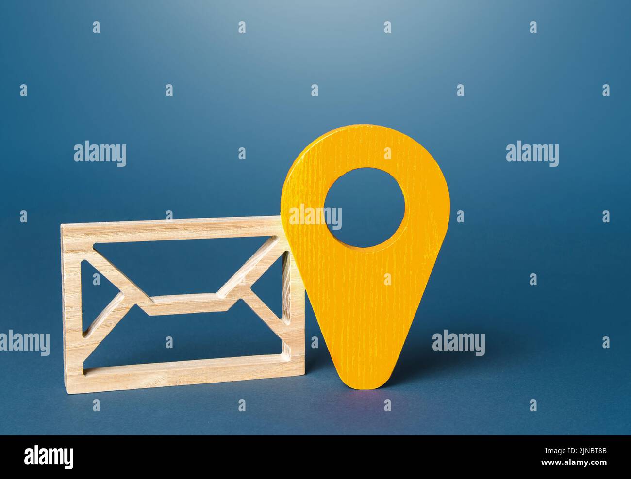 Envelope and yellow location symbol. Delivery of correspondence and