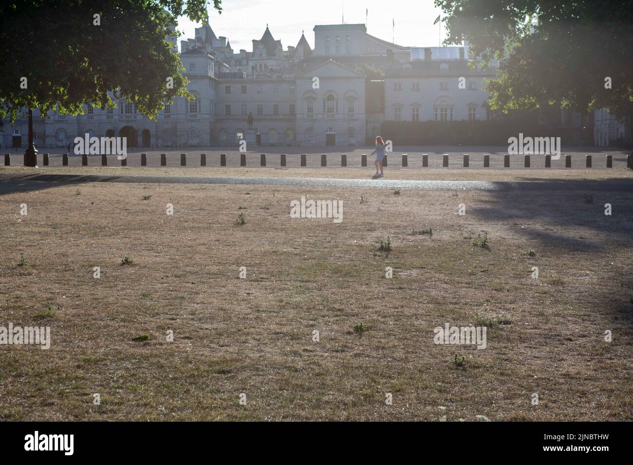 Grass is seen to be parched at St. James’s Park this morning. UK is currently experiencing dry weather.   Image shot on 4th Aug 2022.  © Belinda Jiao Stock Photo