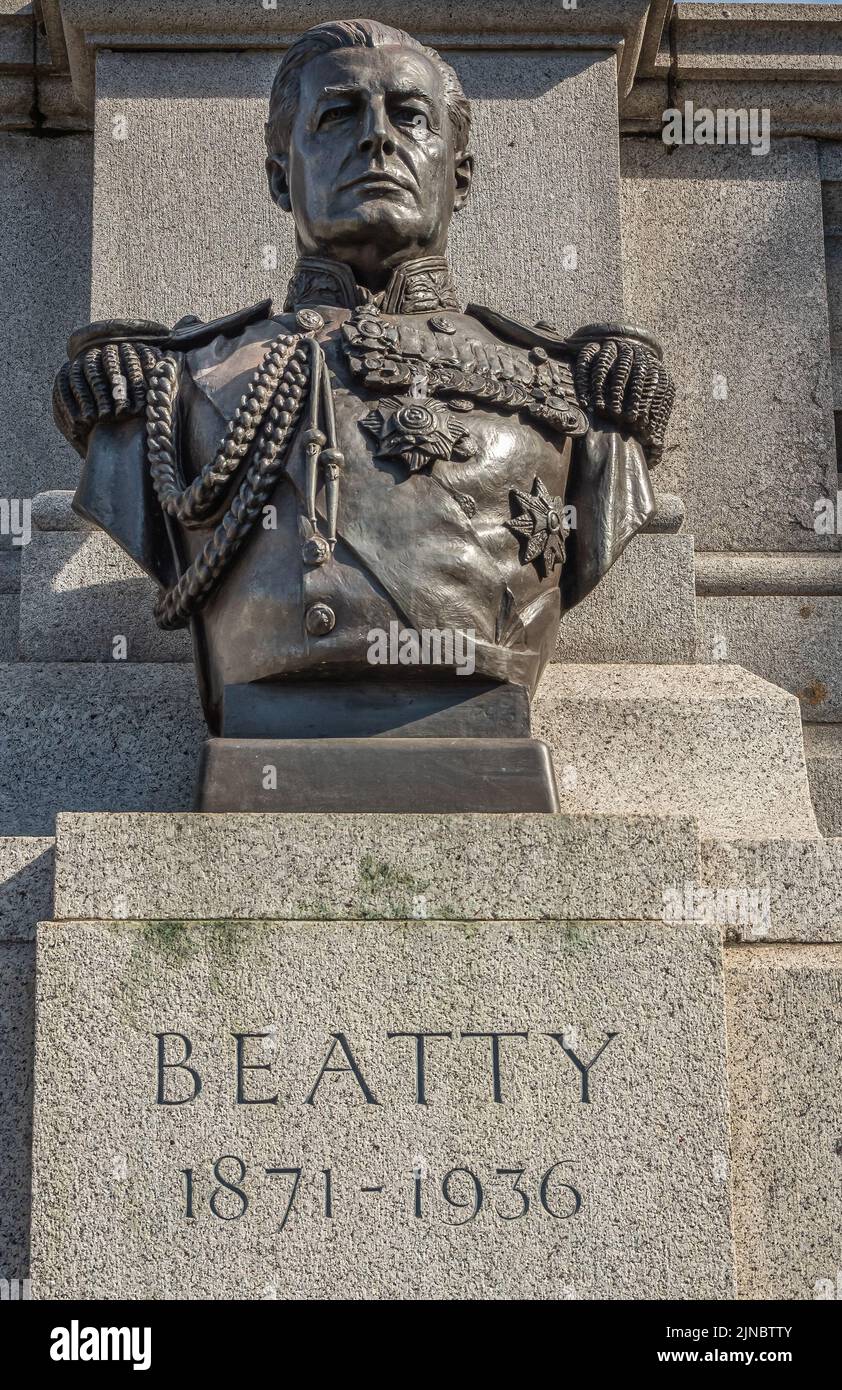 London, UK- July 4, 2022: Trafalgar Square. Closeup of Admiral Beatty bust bronze statue on North wall. Stock Photo