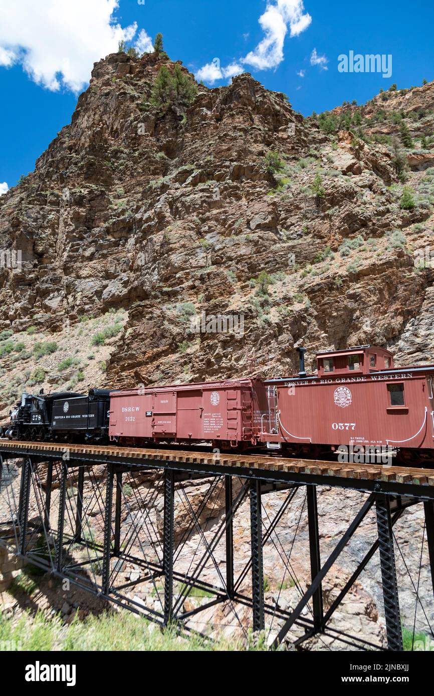 Cimmaron, Colorado - The Denver & Rio Grande Railroad is displayed on the last remaining trestle of the railroad's historic route along the Black Cany Stock Photo