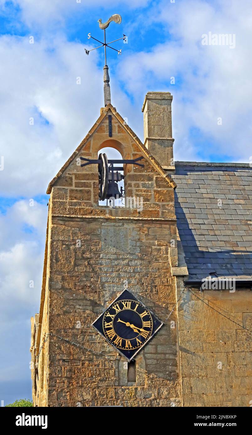 Stone curfew tower, tollboth ,High street, Moreton-in-marsh, Evenlode Valley, Cotswolds, Oxfordshire, England, UK, GL56 0AF Stock Photo