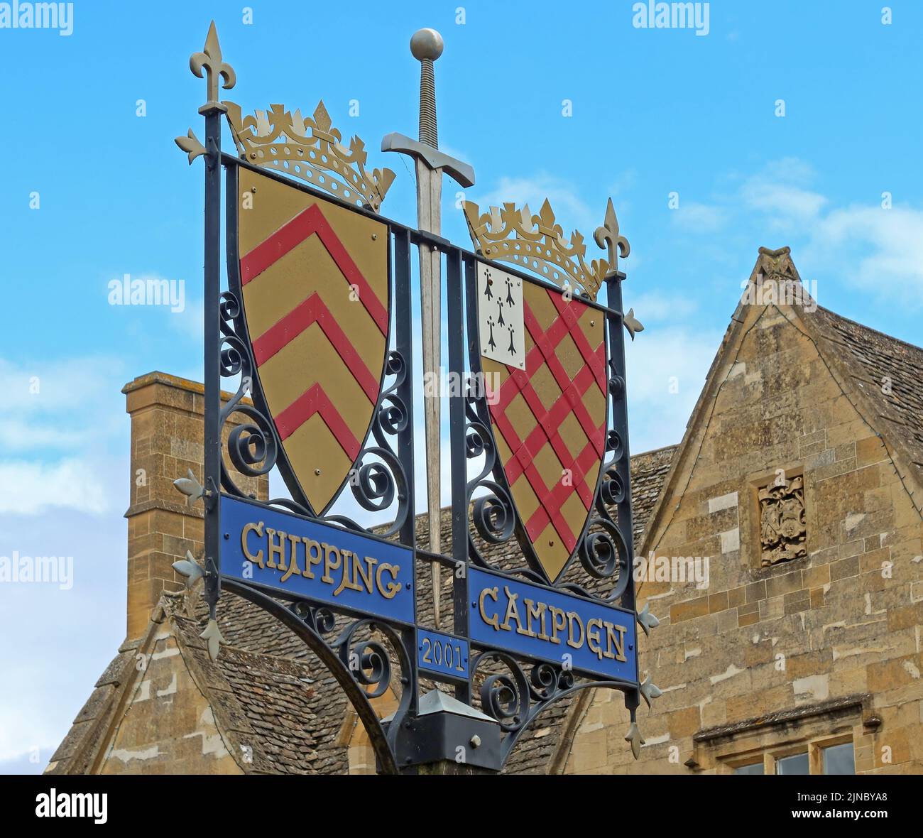 Chipping Campden 2001 sign - coat of arms - Chipping Campden, Cotswolds, Gloucestershire, England, UK, GL55 6AT Stock Photo