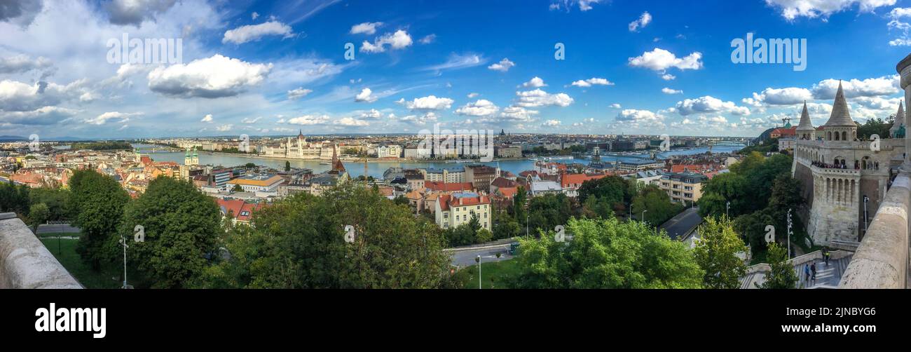 Panoramic shot of Budapest, Hungary from Buda Castle showing the River Danube and the Parliament Building Stock Photo