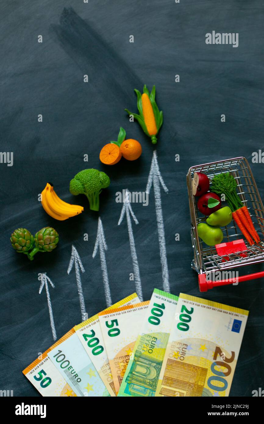Grocery basket in Europe.Decorative supermarket trolley with groceries