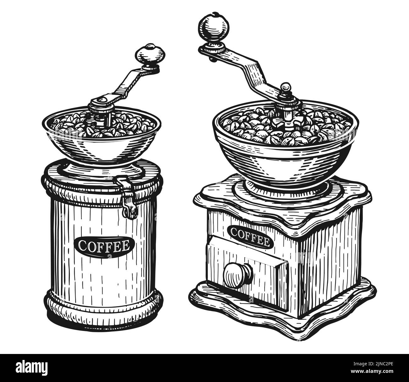 Retro manual coffee grinder or mill sketch. Coffee shop concept. Vector illustration in vintage engraving style Stock Vector