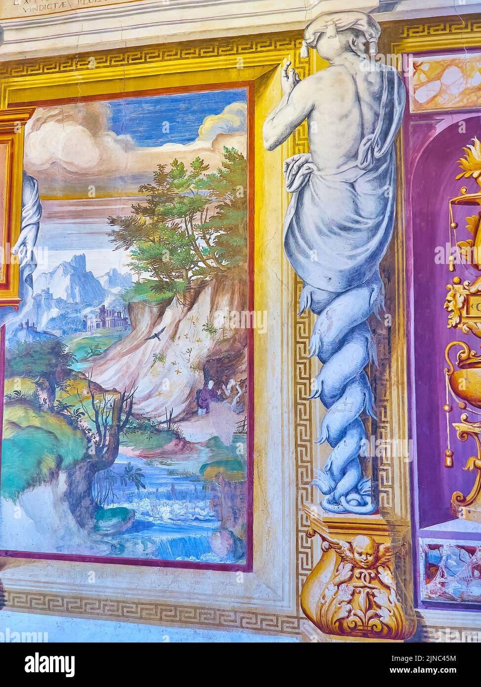 CERTOSA DI PAVIA, ITALY - APRIL 9, 2022: The historical frescoe of Atlas with serpentine legs in Studiolo, Certosa Museum, on April 9 in Certosa di Pa Stock Photo
